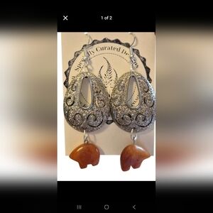 Zuni Gemstone Bear Dangle Earrings Handmade 2.5 Inches